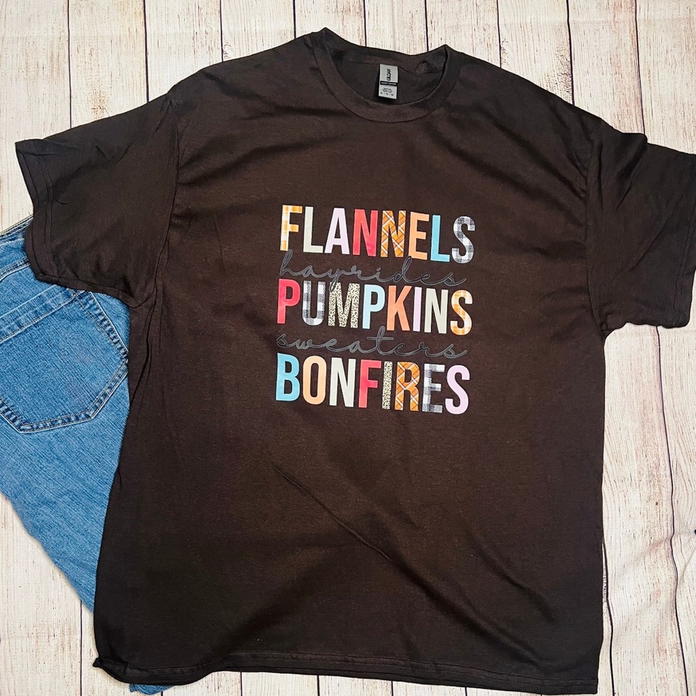 Flannels, Hayrides, Pumpkins, Sweaters, Bonfires Shirt, Harvest, Fall, size XL - Picture 1 of 2